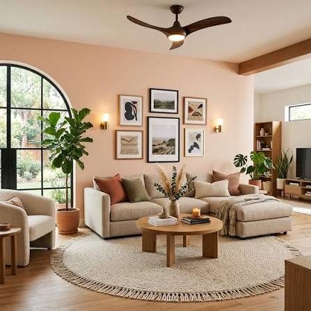 Living room painted in a soft peach color